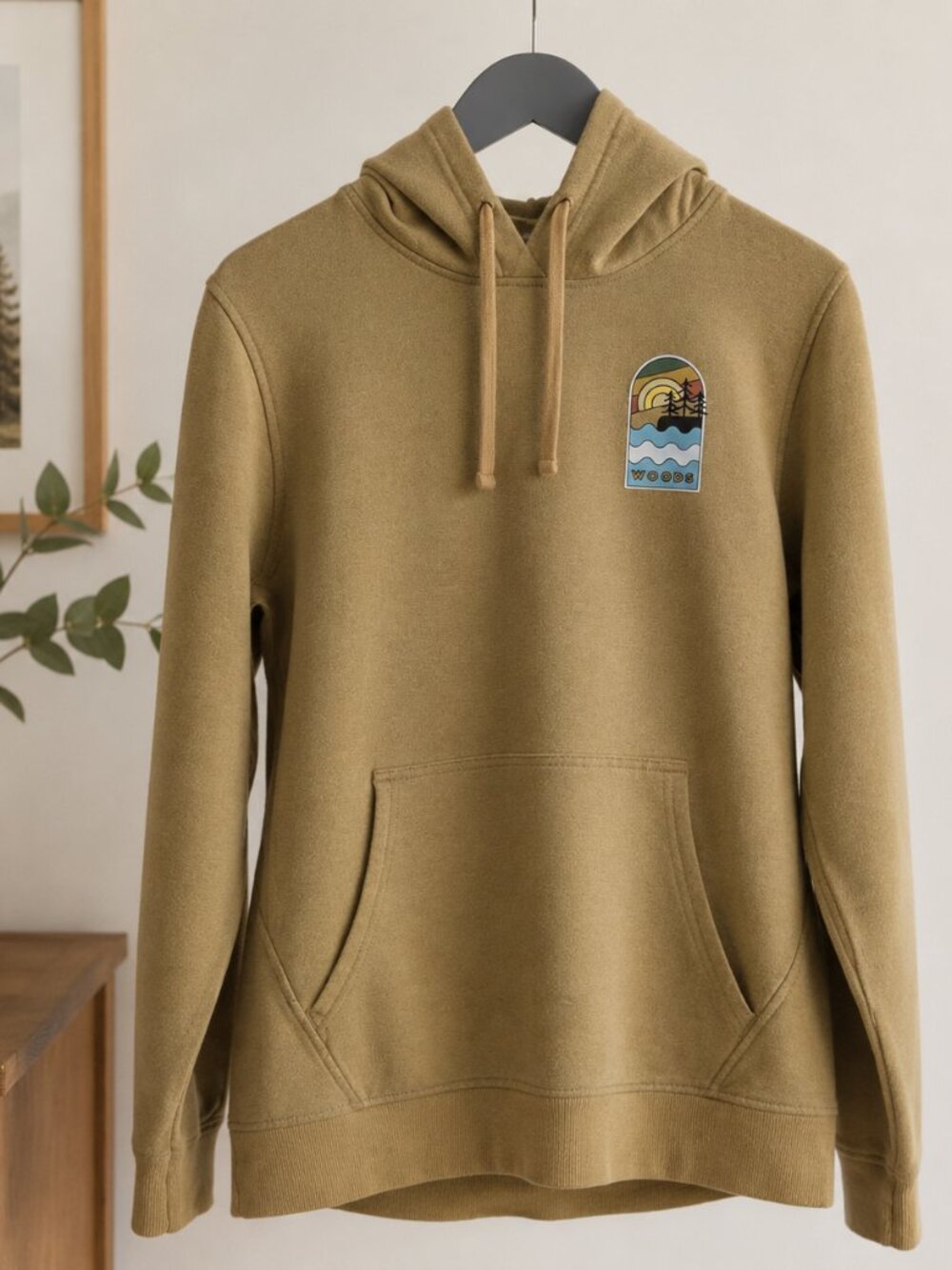 WOODS Mustard Yellow Graphic Hoodie Pullover Size Large